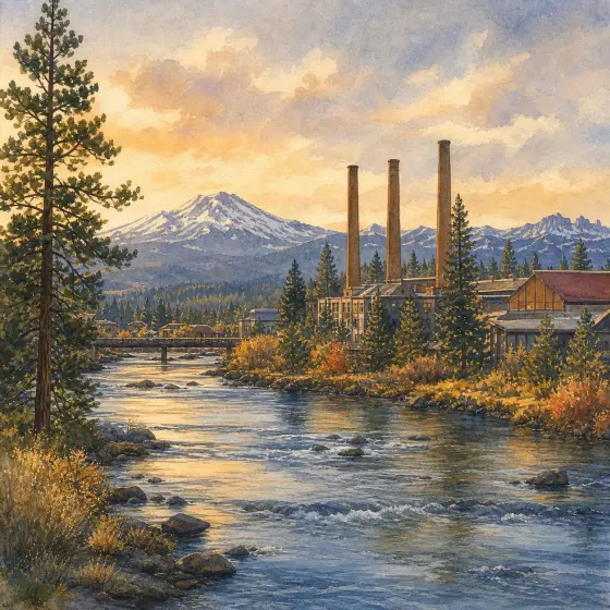 Watercolor illustrations of Bend, Oregon, including the Deschutes River, Old Mill smokestacks, and Cascade Range.