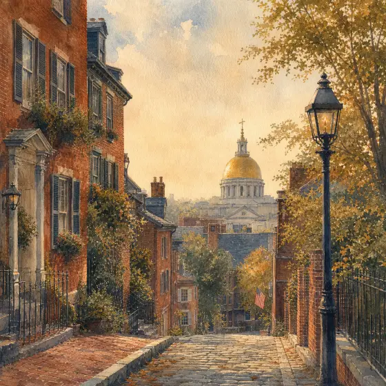 Watercolor illustrations of Boston landmarks, including Beacon Hill and the Charles River.