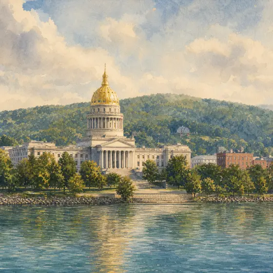 Watercolor illustrations of Charleston, West Virginia, including the State Capitol and Kanawha River.