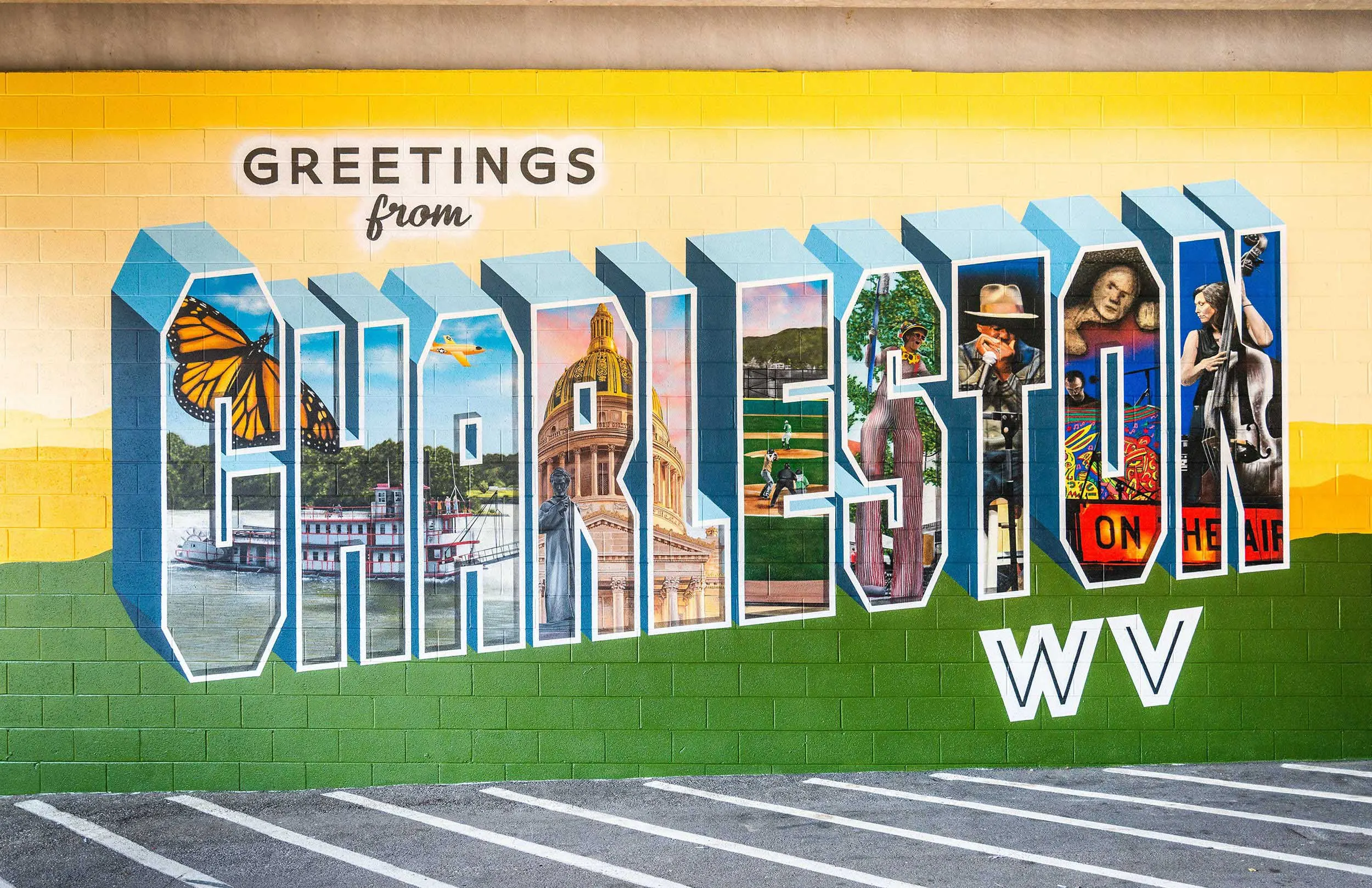 Completed Greetings from Charleston mural at the downtown parking garage