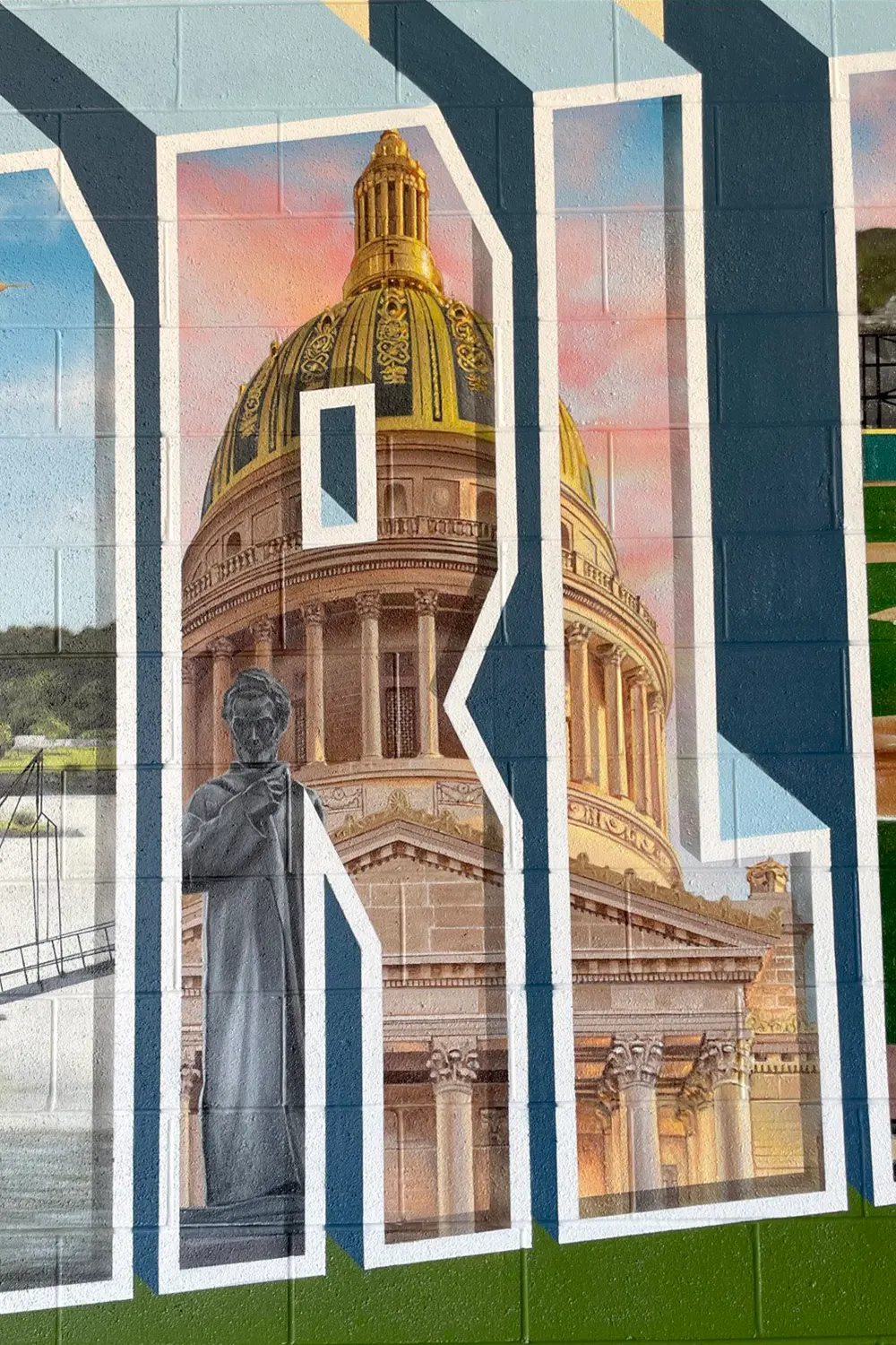 West Virginia State Capitol and Lincoln sculpture painted inside the letters