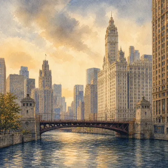 Watercolor illustrations of Chicago, including the Chicago River, downtown architecture, and the Lake Michigan skyline.