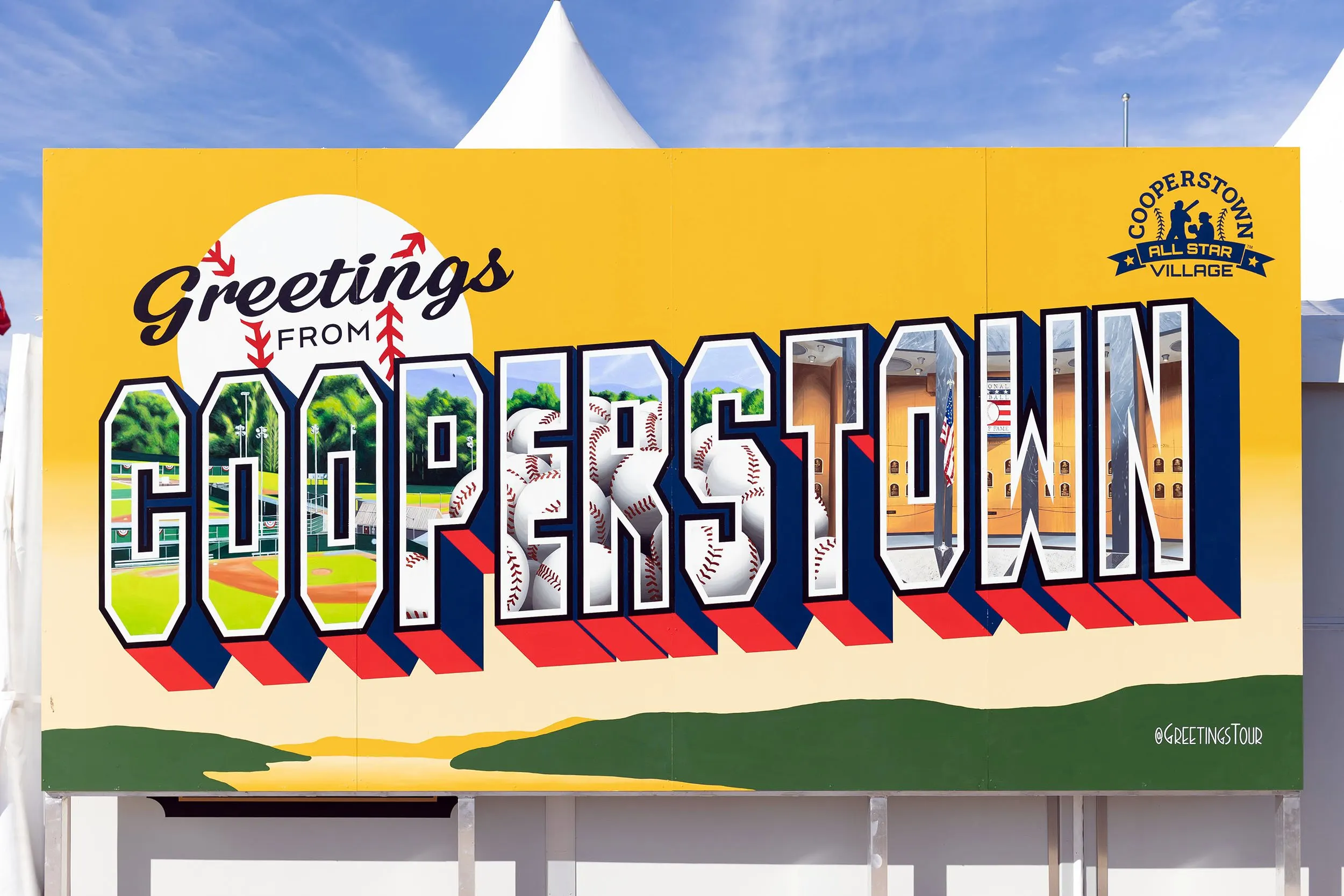 Completed Greetings from Cooperstown baseball mural on its portable frame