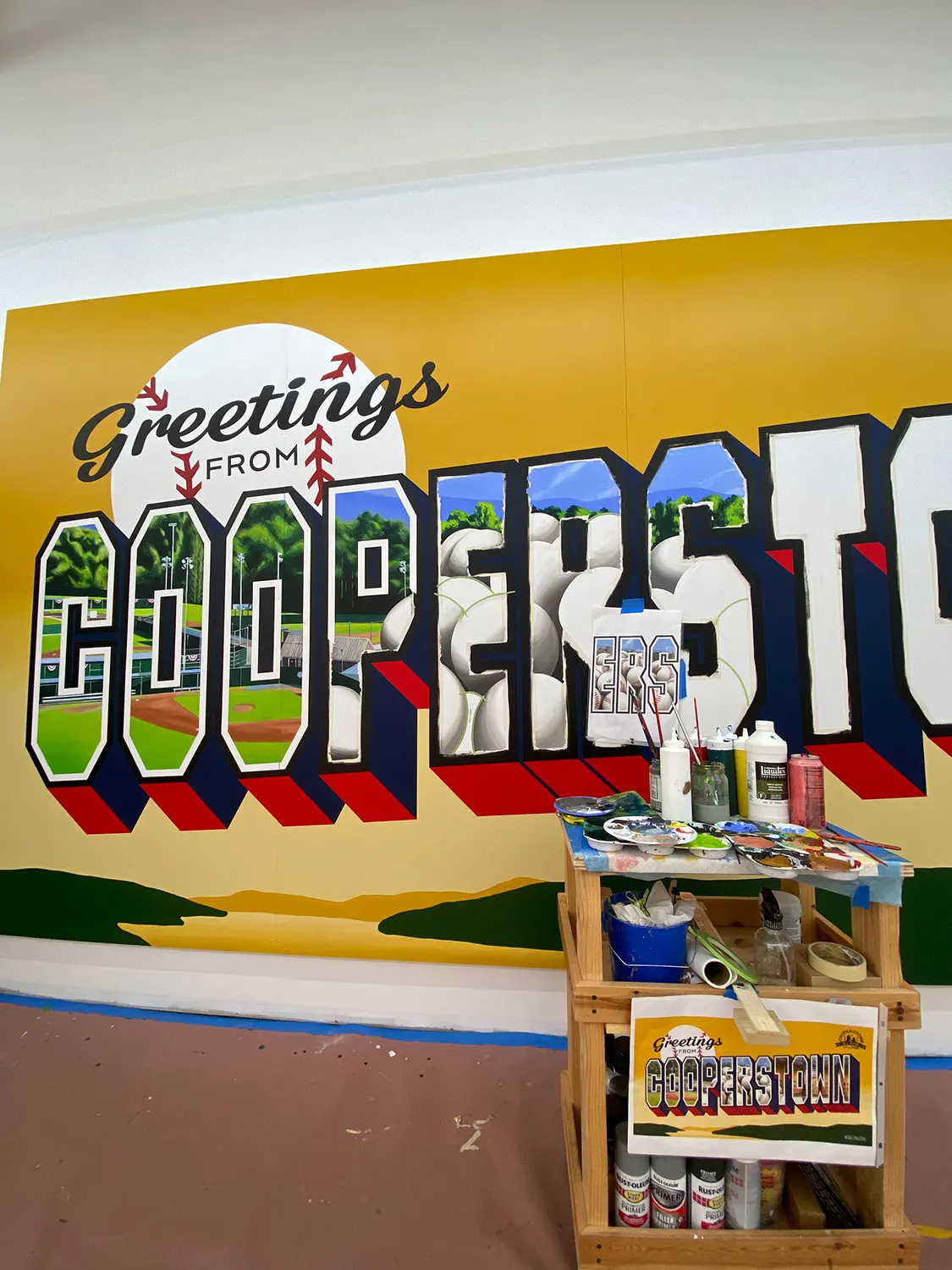 Portable Cooperstown mural being hand-painted in the Boston studio