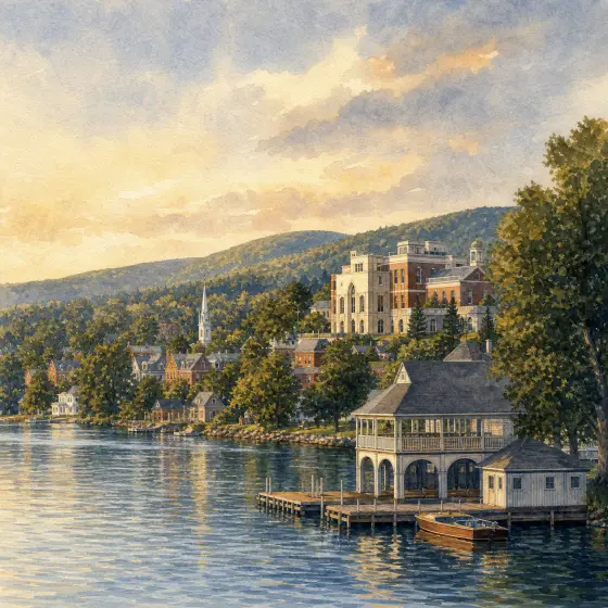 Watercolor illustrations of Cooperstown, New York, including Otsego Lake, the village shoreline, and historic architecture.