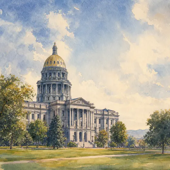 Watercolor illustrations of Denver landmarks, including the Colorado State Capitol and Red Rocks Amphitheatre.