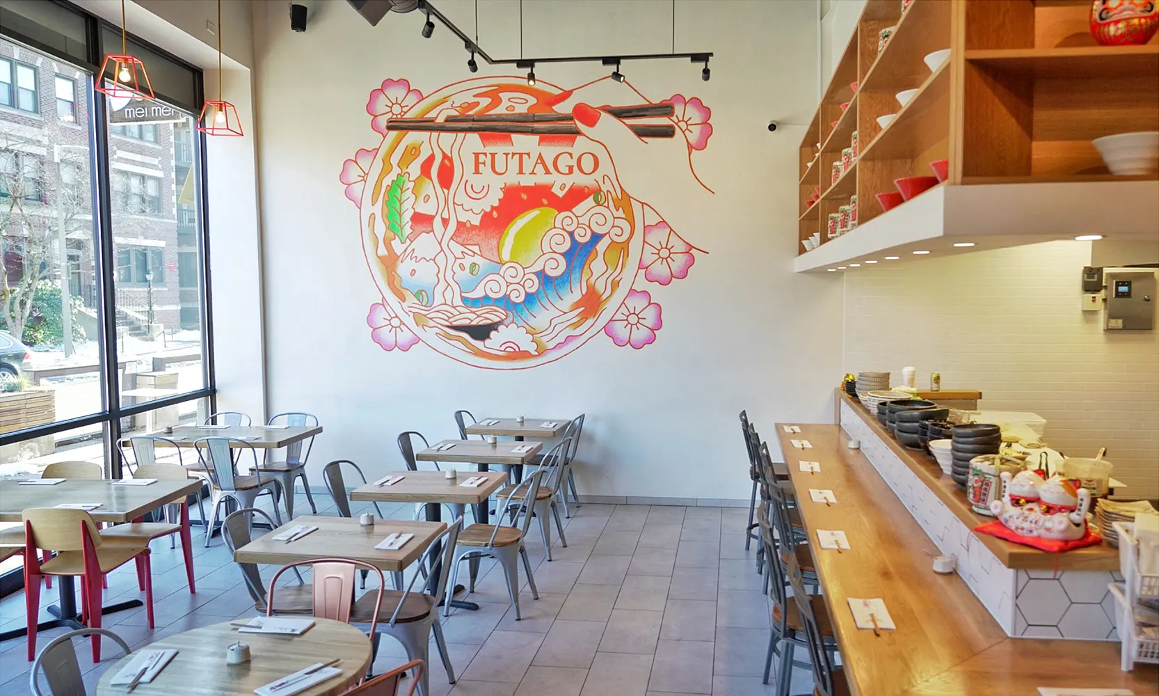 Futago Udon dining room with a hand-painted bowl and Mount Fuji mural