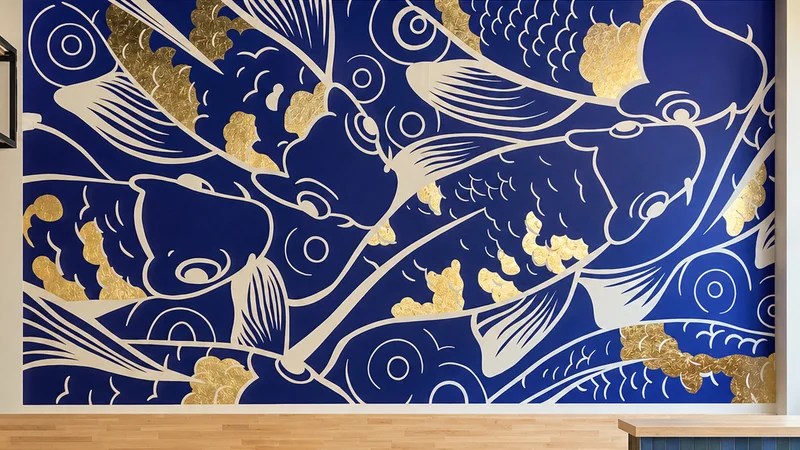 Straight-on view of the finished indigo koi mural with white linework and gold-leaf details at Kenzoku Mazesoba