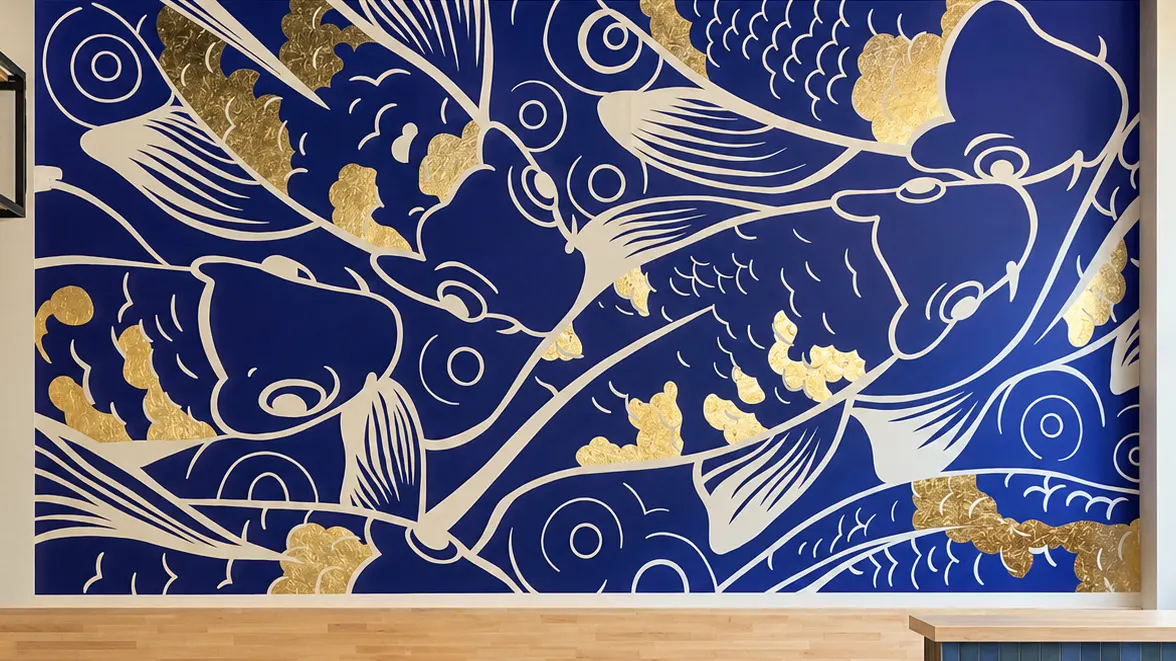 Straight-on view of the finished indigo koi mural with white linework and gold-leaf details at Kenzoku Mazesoba