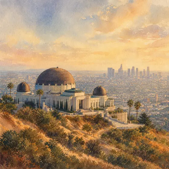 Watercolor illustrations of Los Angeles landmarks, including Griffith Observatory and the Santa Monica Pier.