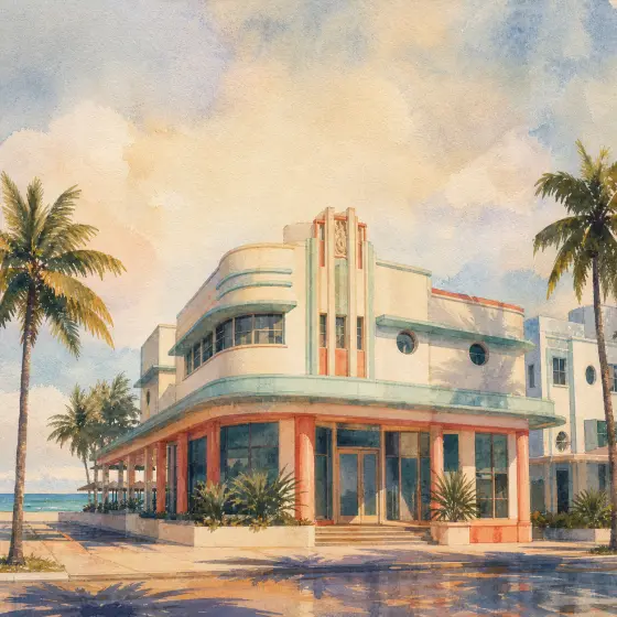 Watercolor illustrations of Miami Beach Art Deco architecture and the South Beach shoreline.