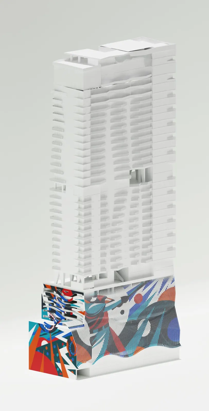 Full-height 3D model of a white Miami condominium tower with a colorful mural concept and rippling lenticular facade at its base