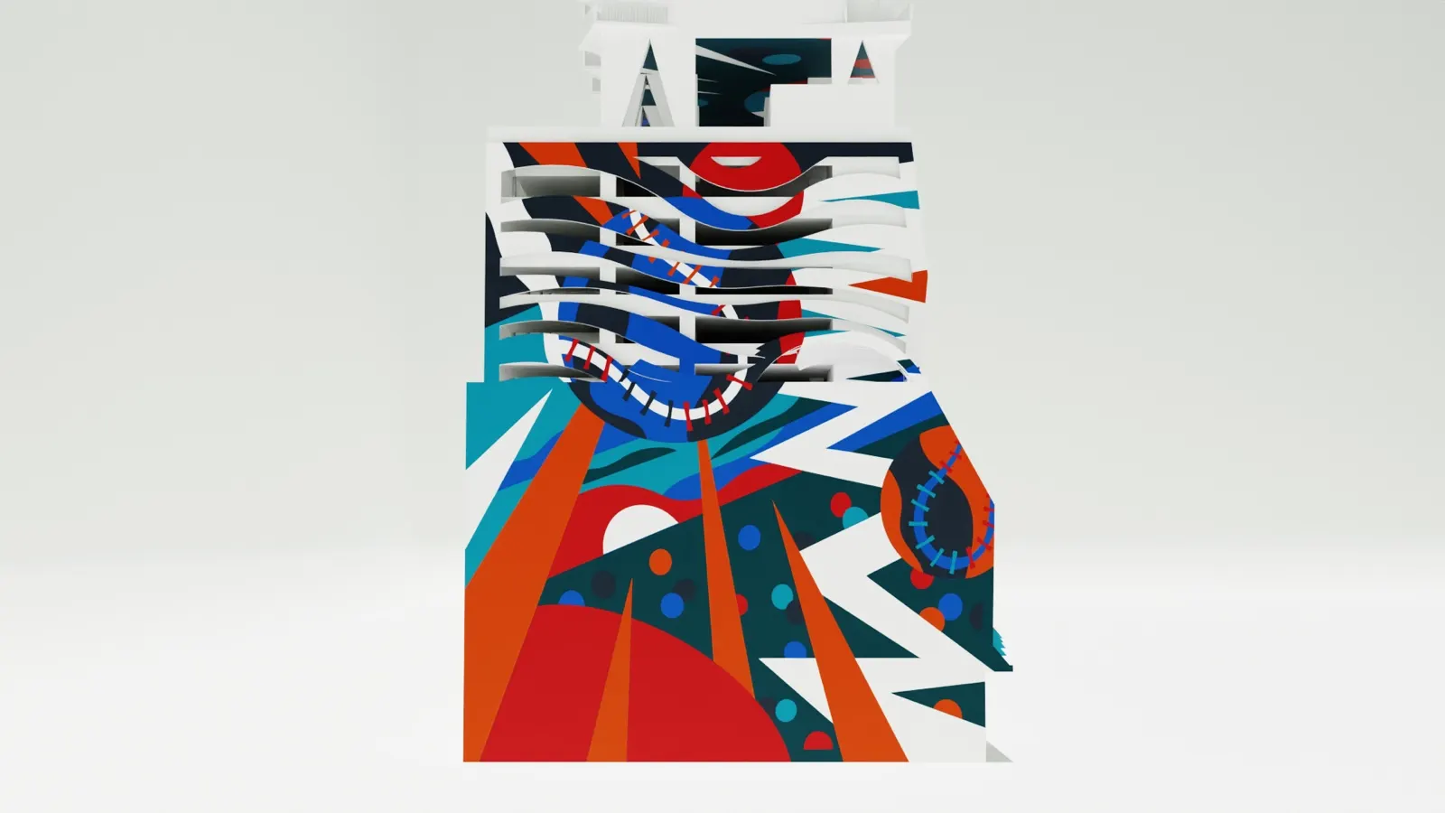 Front rendering of colorful geometric mural panels beneath stacked white balcony forms