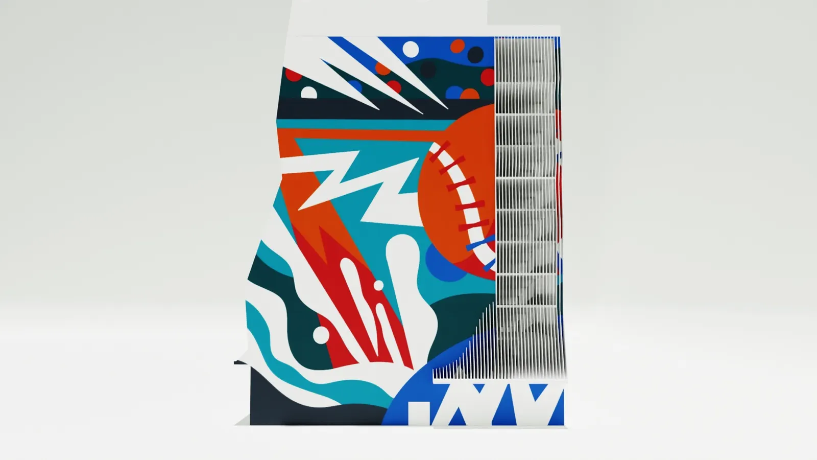 Side rendering of a teal, blue, orange, red, and white mural beside a vertical lenticular screen