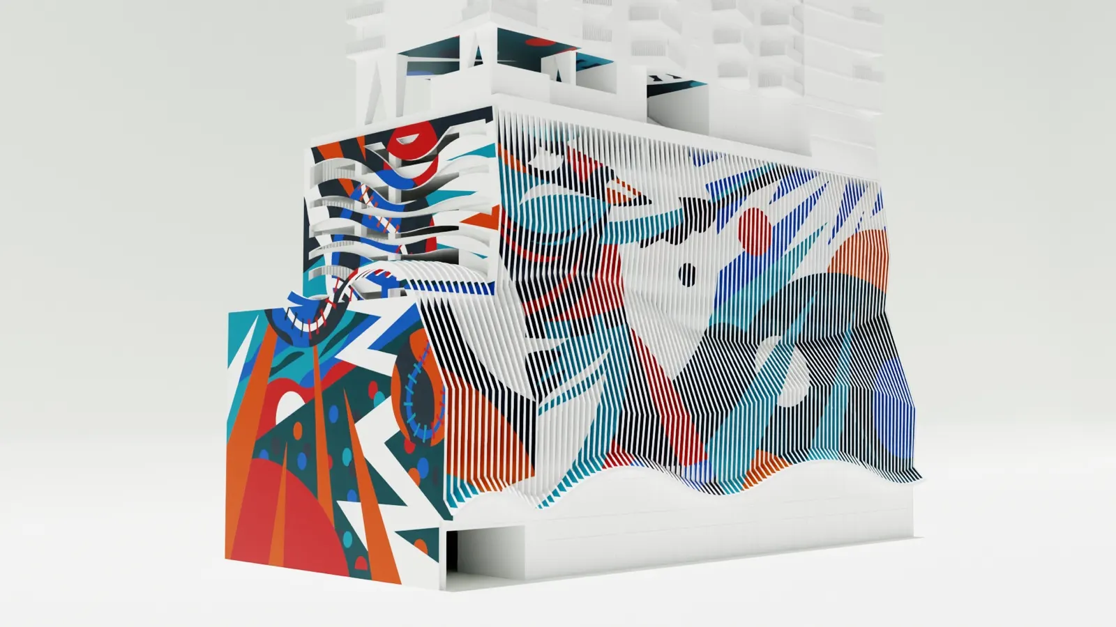 Oblique rendering showing the mural concept wrapping beneath an undulating ribbed facade