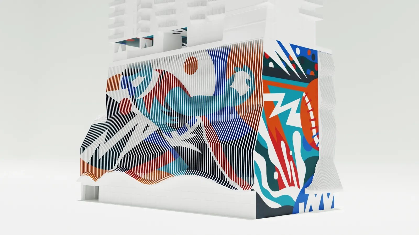 Corner rendering of the mural and lenticular facade shifting between colorful views