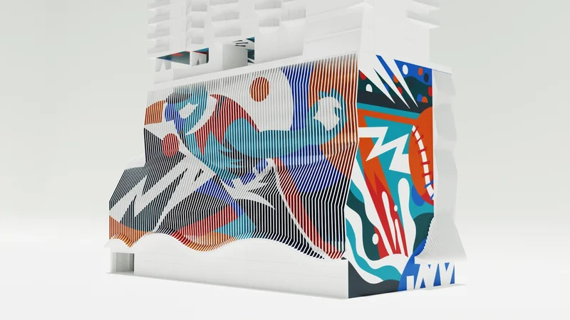 Corner rendering of the mural and lenticular facade shifting between colorful views