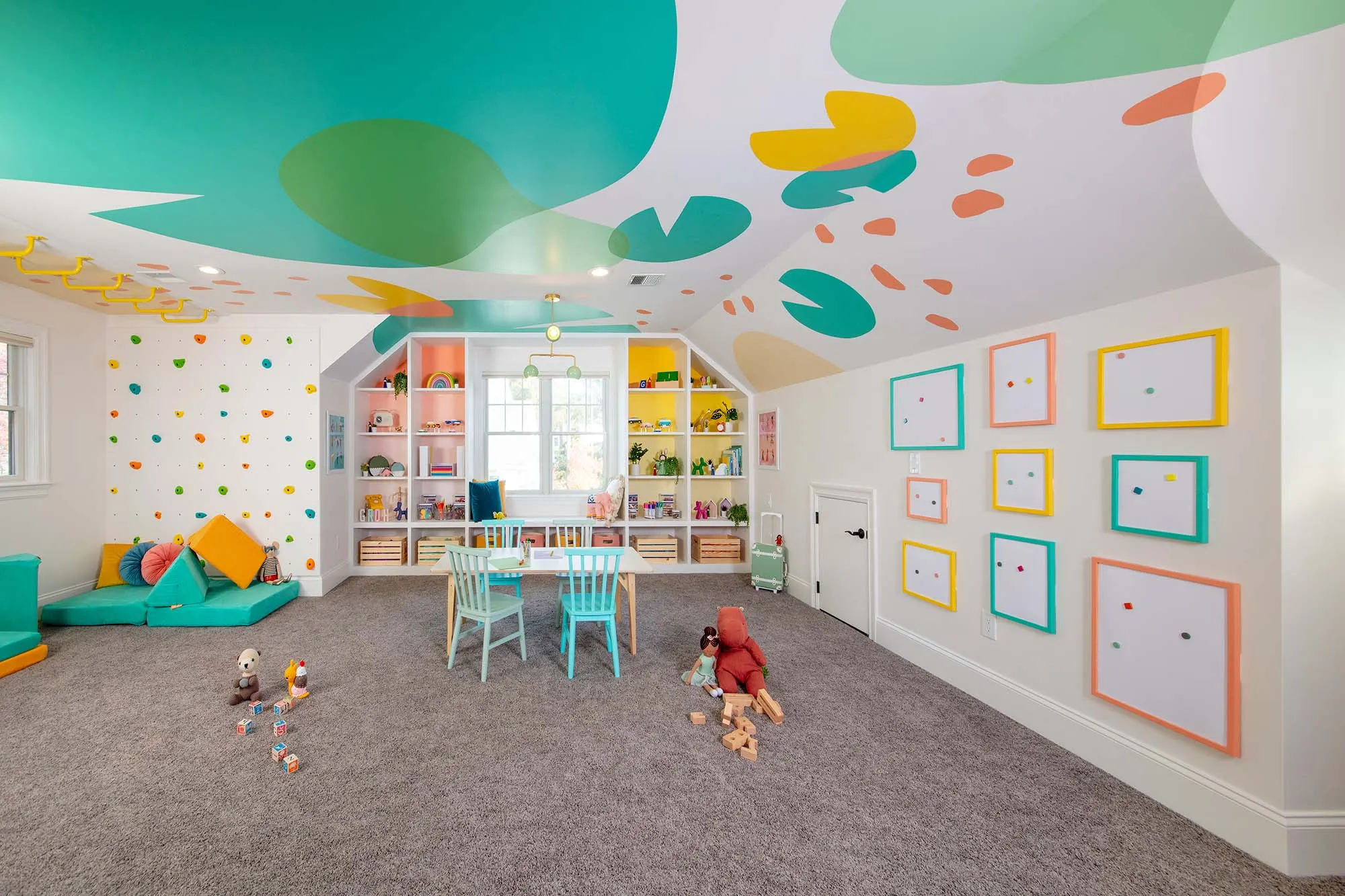 Wide view of the finished Needham playroom and painted ceiling