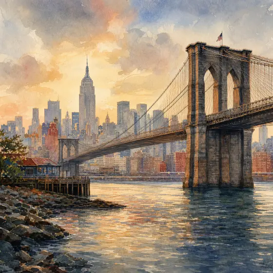 Watercolor illustrations of New York City landmarks, including the Brooklyn Bridge and Statue of Liberty.