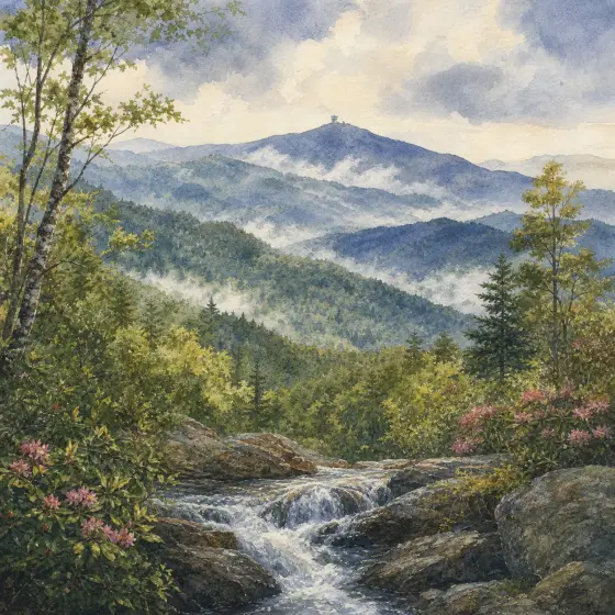 Watercolor illustrations of North Georgia, including the Blue Ridge Mountains, Brasstown Bald, and a mountain waterfall.