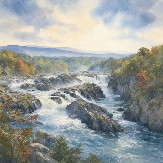 Watercolor illustrations of the Potomac River, Mount Vernon, and Great Falls in the DMV region.