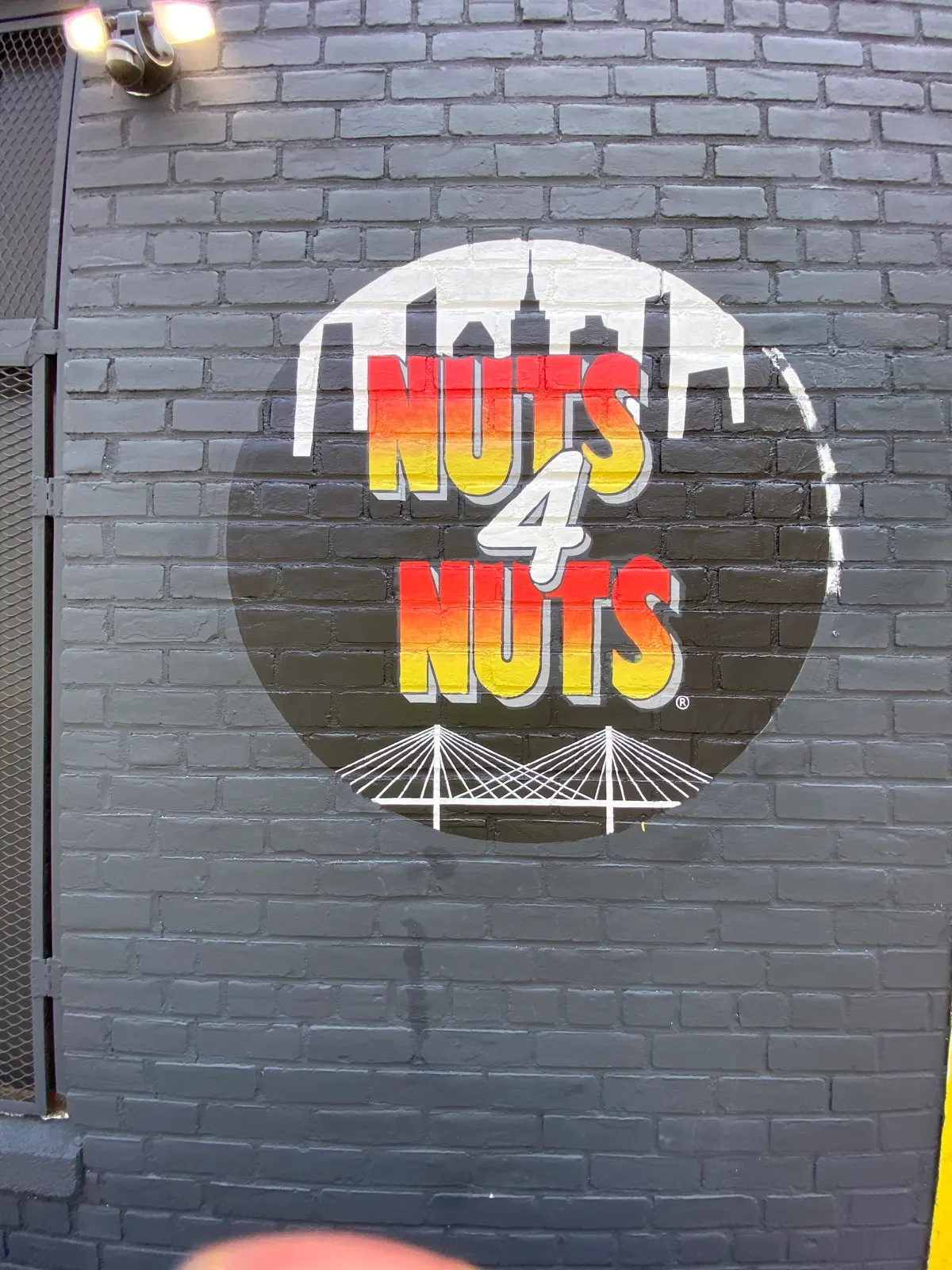 Hand-painted Nuts4Nuts logo with red-to-yellow lettering before the orange border was added