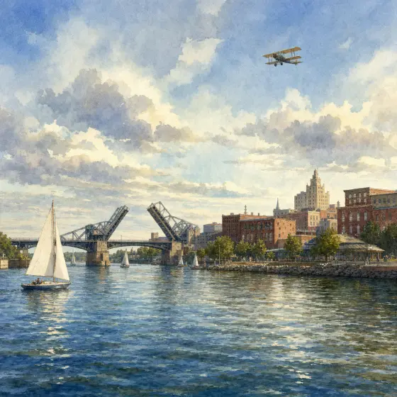 Watercolor illustrations of Oshkosh, Wisconsin, including the Fox River drawbridge, lakefront, and aviation heritage.