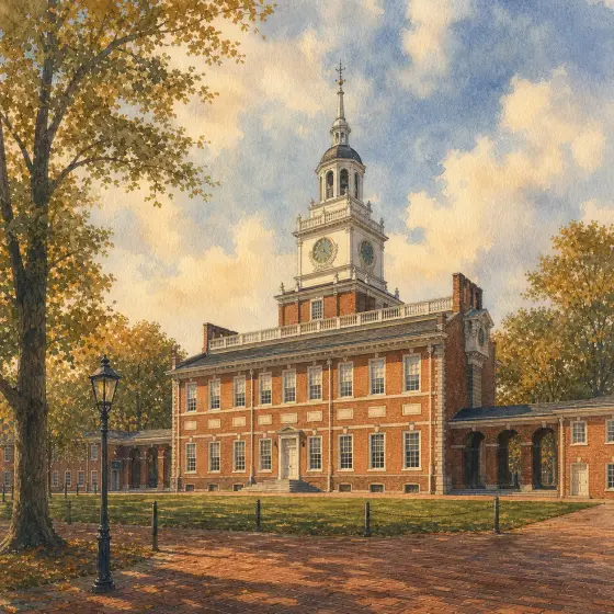 Watercolor illustrations of Philadelphia, including Independence Hall and a Schuylkill River view of the Philadelphia Museum of Art and Center City skyline.