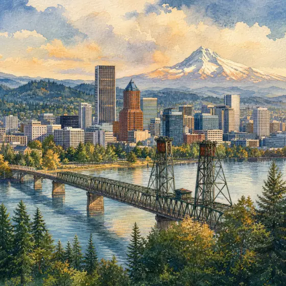 Watercolor illustration of Portland with the downtown skyline, Willamette River, a steel bridge, and Mount Hood.