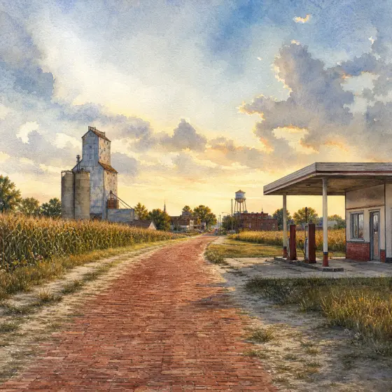 Watercolor illustrations of historic Route 66 in Illinois, with a brick roadway, prairie farmland, and roadside architecture.