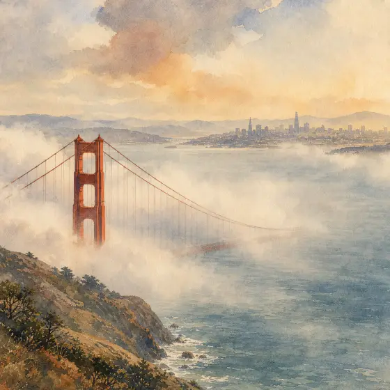 Watercolor illustrations of San Francisco landmarks, including the Golden Gate Bridge and Painted Ladies.