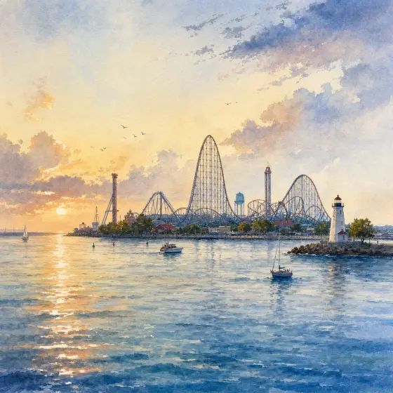 Watercolor illustrations of Sandusky, Ohio, including Sandusky Bay, a shoreline lighthouse, and the Cedar Point skyline.