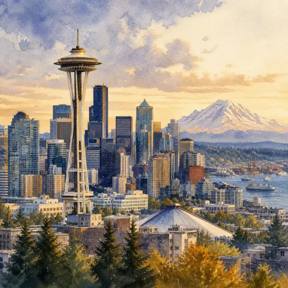 Watercolor illustration of Seattle with the Space Needle, downtown skyline, Puget Sound, and Mount Rainier.