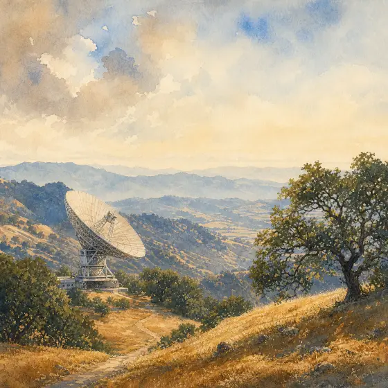 Watercolor illustrations of Silicon Valley landmarks and oak-covered California foothills.