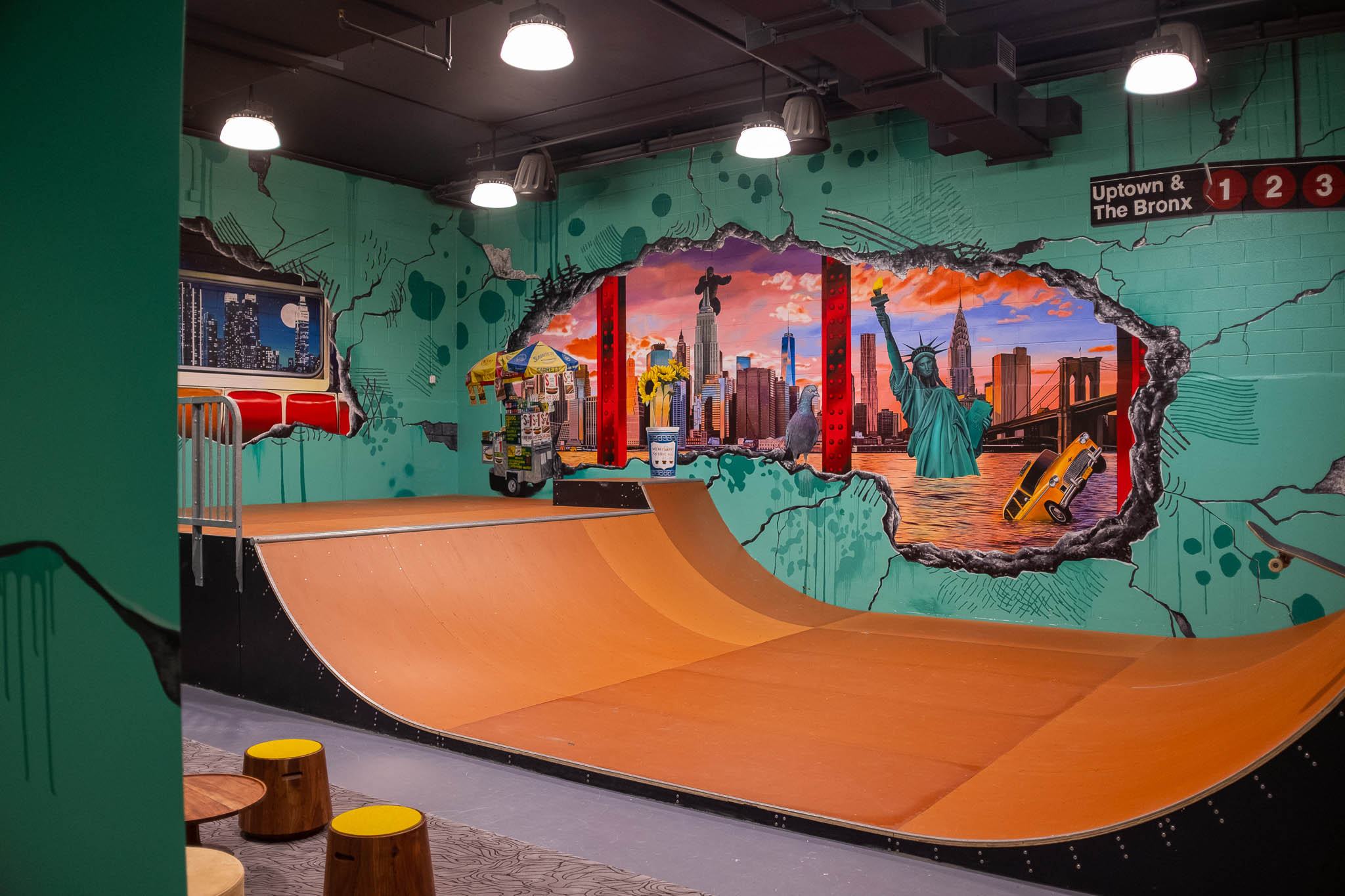 The completed Waterline Square indoor skatepark mural in New York City.