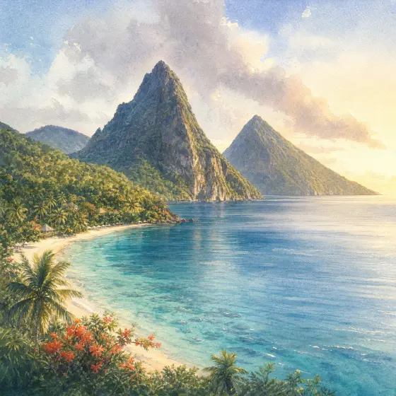 Watercolor illustrations of St. Lucia, including the Pitons, Sugar Beach, and the Caribbean shoreline.