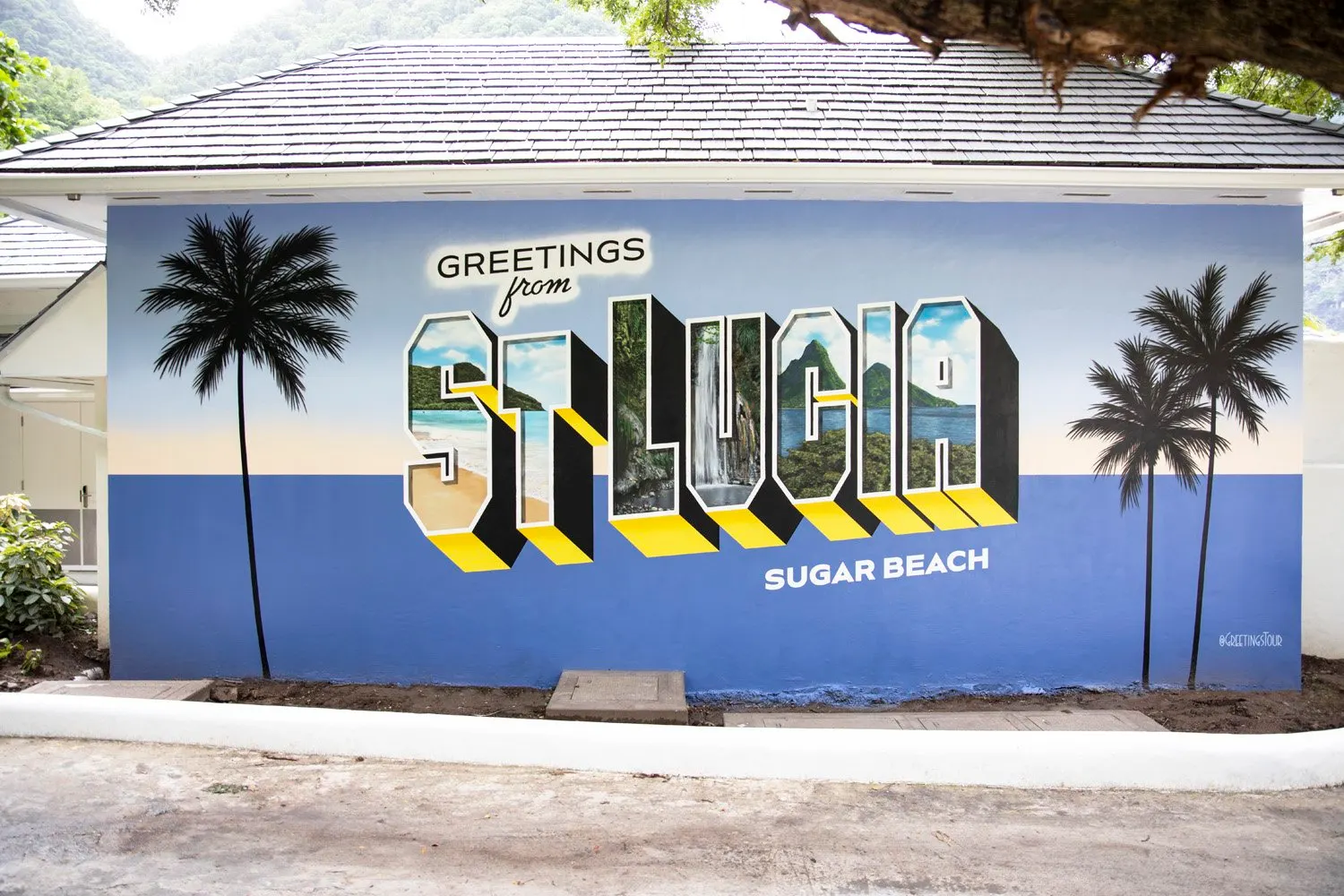 Completed Greetings from St. Lucia mural at Sugar Beach