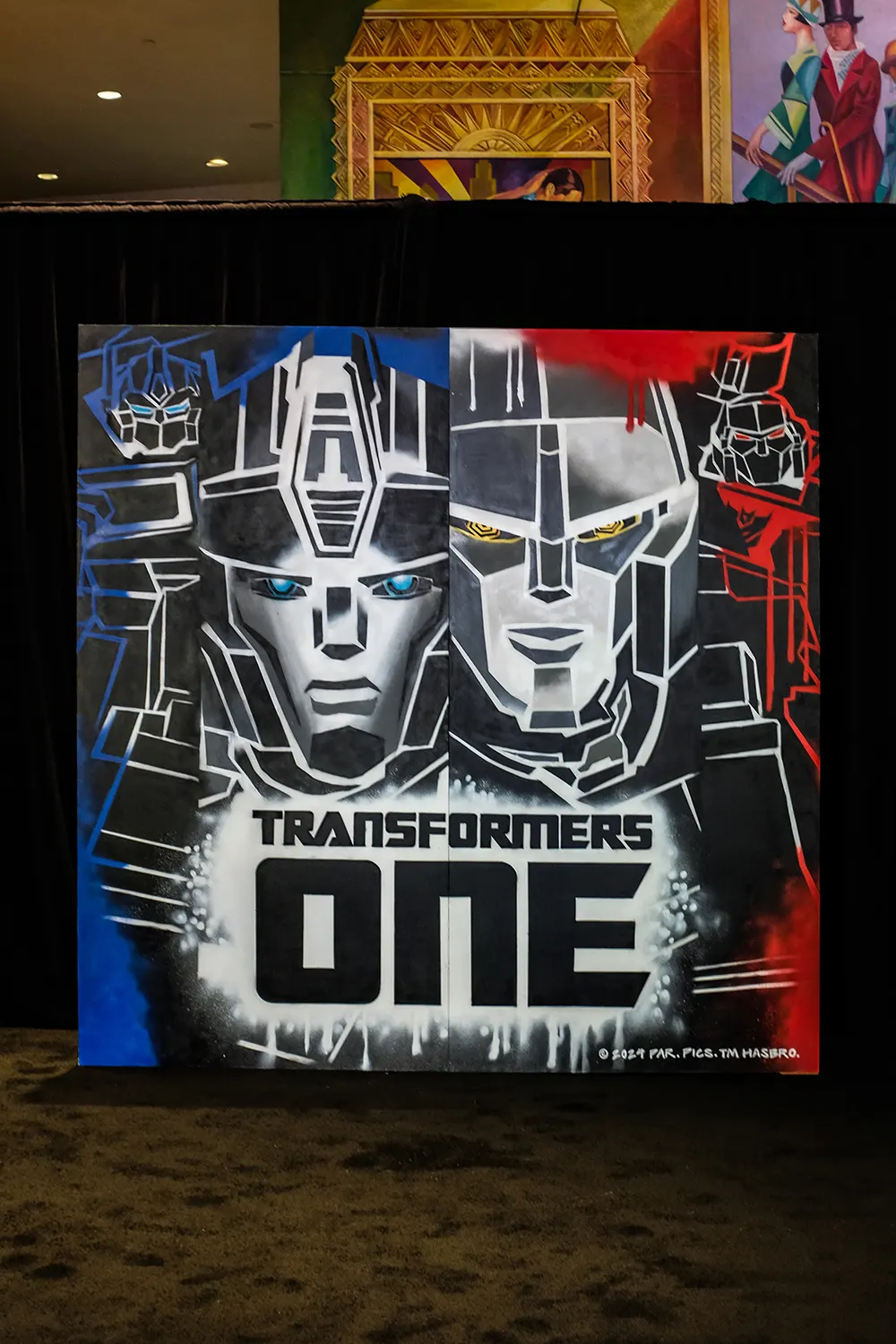 Finished Transformers One backdrop installed at the New York premiere