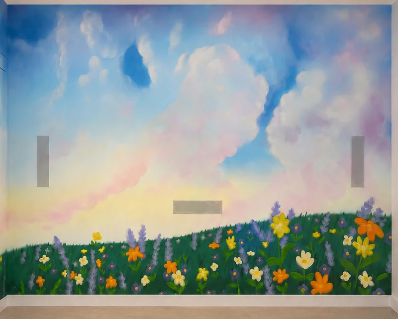Finished Tribeca playroom mural with soft clouds above a field of colorful flowers
