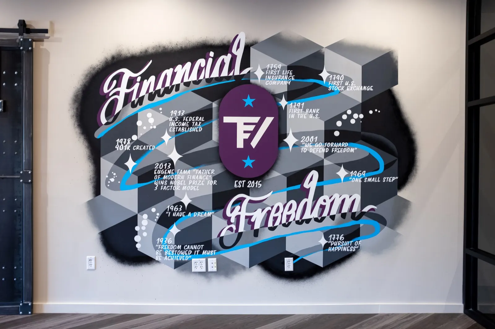 Finished Financial Freedom lobby mural with the TrueView logo, geometric forms, and a ribbon timeline of financial and American history