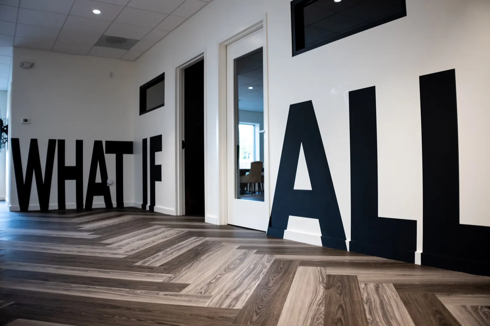 Oversized black What if all lettering painted across office walls and around doorways