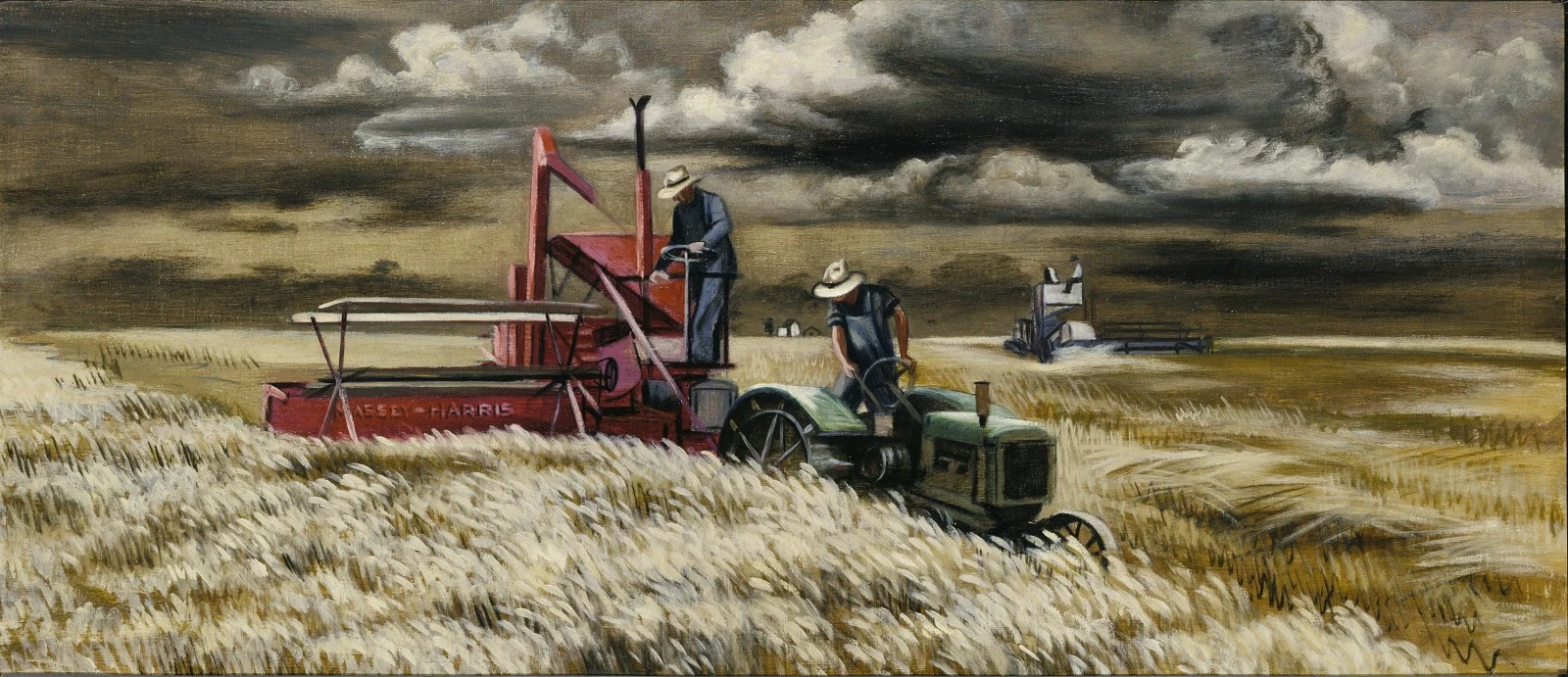 Mural study of wheat harvesters operating red and green farm machinery beneath a storm-dark sky.