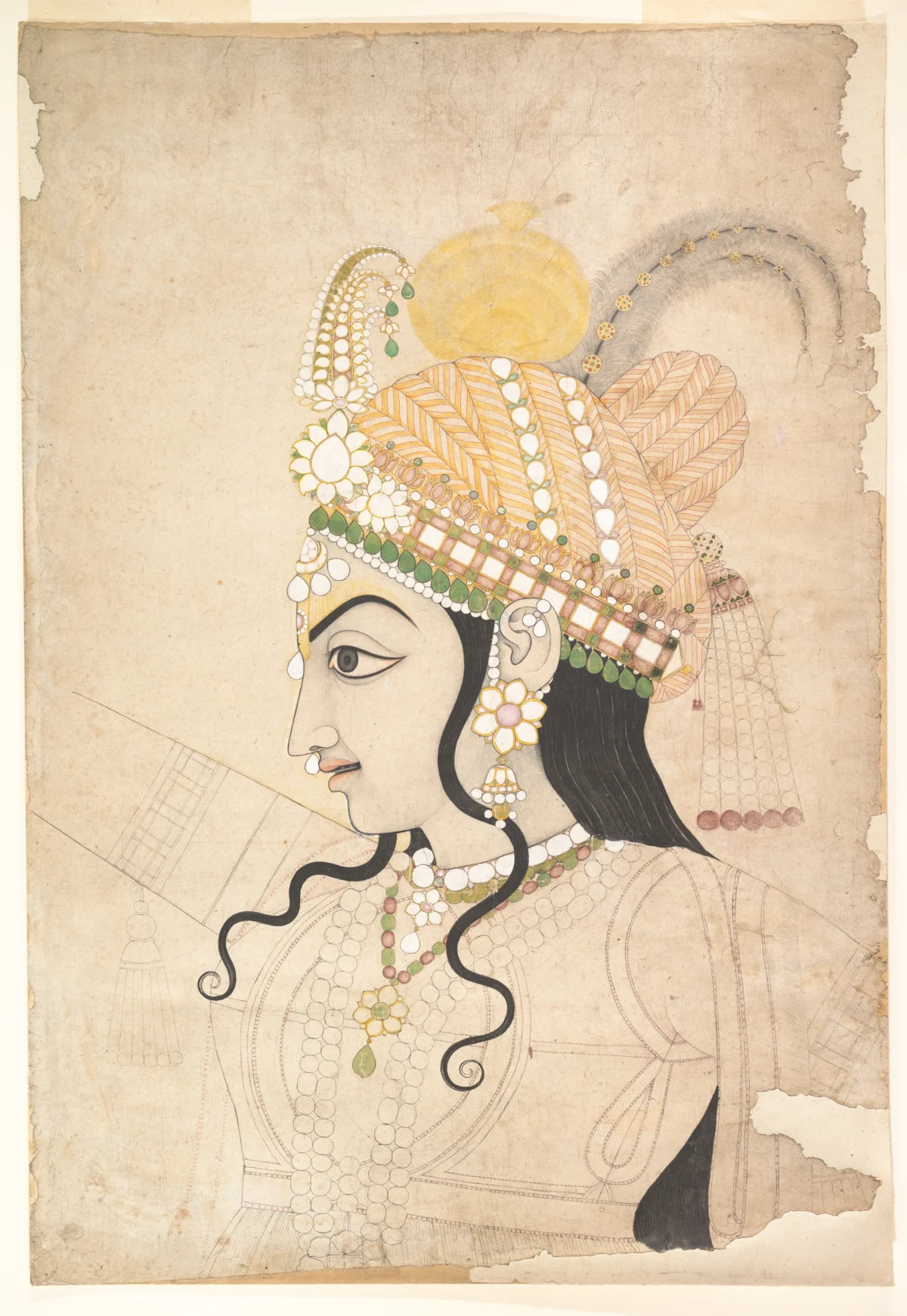 Pounced mural cartoon of Krishna in profile, wearing an elaborate jeweled headdress.